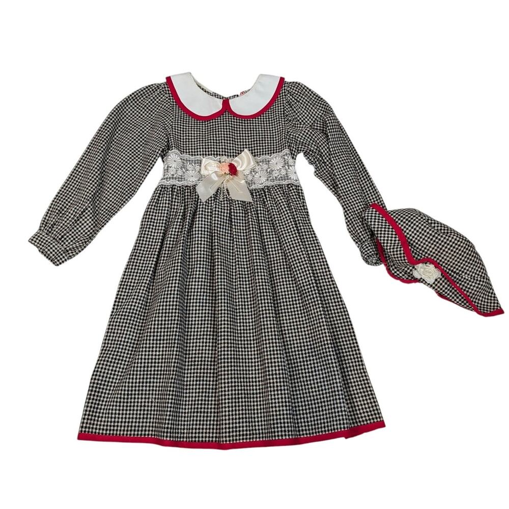 Vintage Girls Gingham Prairie Dress w Bonnet Cottagecore Puff Sleeve Size 10